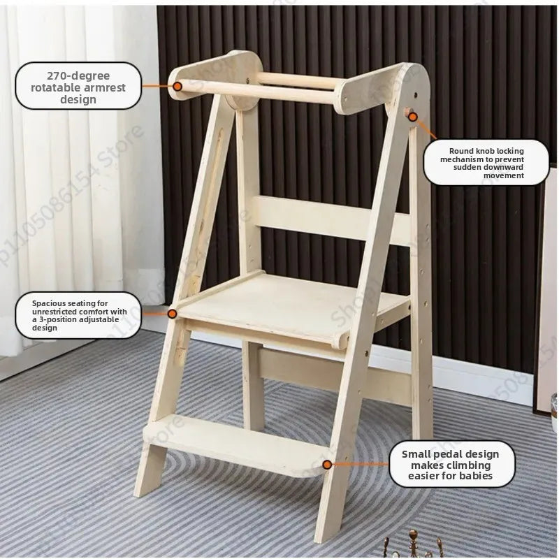Learning Tower Montessori Children's Hand Stool Baby Solid Wood Toddler Step Foot Stool Foldable with Armrest Kitchen Chair
